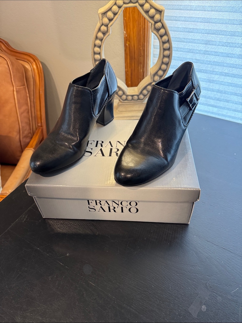 Franco Sarto Black Leather Buckle-Accent Block Heel Ankle Boots